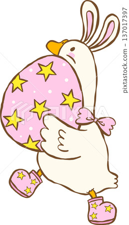 Cute Easter Silly Goose Bunny Carrying Easter Egg Cartoon Hand Drawn 137017397