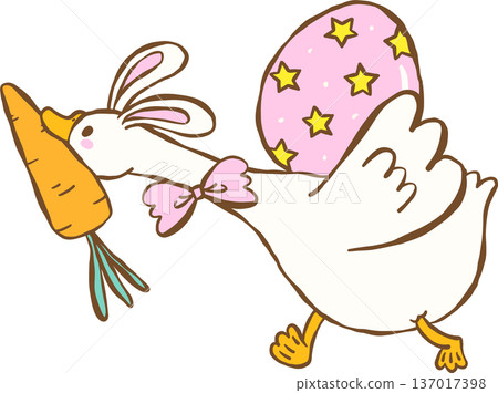 Cute Easter Silly Goose Bunny Ears Running and Carrying Easter Egg Cartoon Hand Drawn Cute Easter Silly Goose Bunny Ears Running and Carrying Easter Egg Cartoon Hand Drawn 137017398