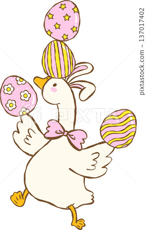 Cute Easter Silly Goose Bunny  Ears Juggling Easter Eggs Cartoon Hand Drawn 137017402