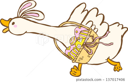 Cute Easter Silly Goose Bunny Ears Running with Easter Egg Basket Cartoon Hand Drawn Cute Easter Silly Goose Bunny Ears Running with Easter Egg Basket Cartoon Hand Drawn 137017406