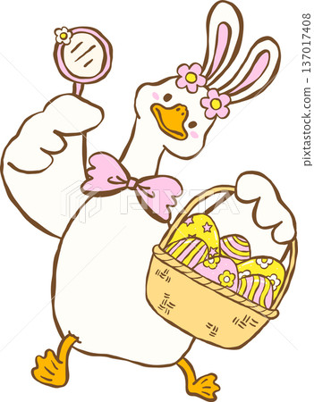 Cute Easter Silly Goose Bunny  Ears Hunting Easter Eggs with Basket Cartoon Hand Drawn 137017408