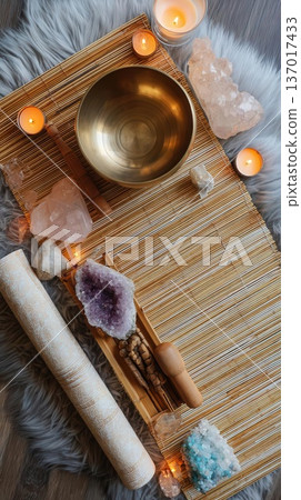 Relaxing Spa Scene with Crystals, Candles, and Bowl 137017433