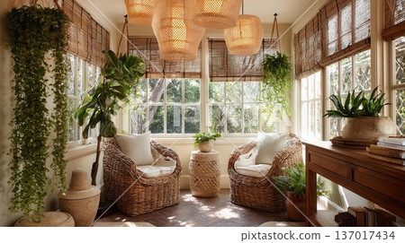 Relaxing Sunroom Interior with Rattan Furniture Plants 137017434