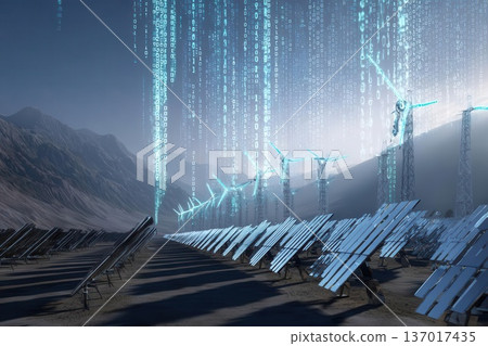 Renewable Energy and Digital Data Flow Futuristic Landscape 137017435