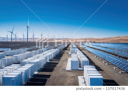 Renewable Energy Power Plant Solar, Wind Turbines, Batteries 137017436