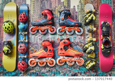 Roller Skates, Skateboards, Helmets, and Gloves Against Cityscape Roller Skates, Skateboards, Helmets, and Gloves Against Cityscape 137017440