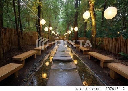 Romantic Forest Pathway with Lanterns and Benches 137017442