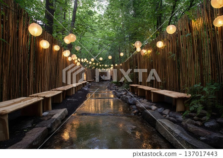 Romantic Outdoor Dining Venue with Lanterns and Benches Romantic Outdoor Dining Venue with Lanterns and Benches 137017443