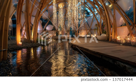 Romantic Wooden Spa Interior with String Lights and Water Feature Romantic Wooden Spa Interior with String Lights and Water Feature 137017444