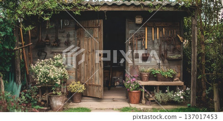 Rustic Garden Shed with Tools and Flowers Vintage Charm Rustic Garden Shed with Tools and Flowers Vintage Charm 137017453