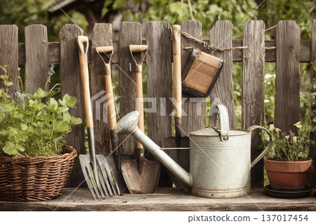 Rustic Garden Tools and Plants Against Wooden Fence 137017454