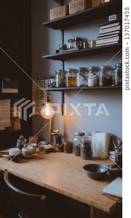 Rustic Workspace with Herbs, Spices, and Vintage Lightbulb Rustic Workspace with Herbs, Spices, and Vintage Lightbulb 137017458