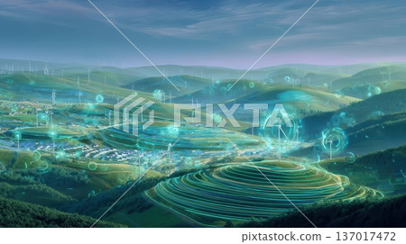 Scenic Wind Turbine Farm Energy Landscape with Futuristic Overlay 137017472
