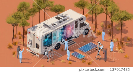 Scientific RV Research Concept with Solar Panels, Robots, and People Scientific RV Research Concept with Solar Panels, Robots, and People 137017485