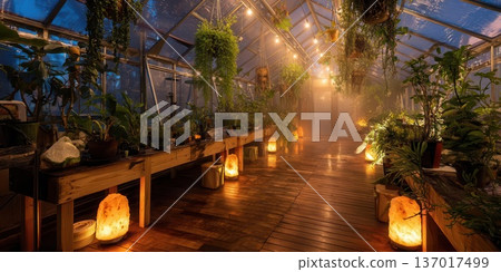 Serene Greenhouse Interior Warm Glowing Lights, Lush Plants, Tranquility Serene Greenhouse Interior Warm Glowing Lights, Lush Plants, Tranquility 137017499