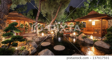 Serene Japanese Garden at Night Tranquil Landscape with Pagodas 137017501