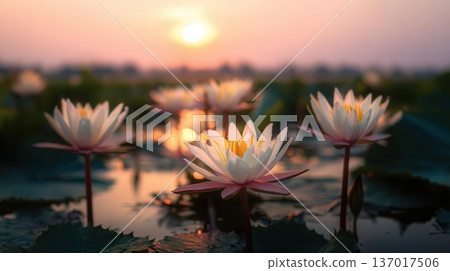 Serene Lotus Flowers at Sunset Peaceful Nature Photo 137017506