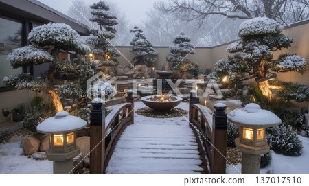 Serene Winter Japanese Garden with Snow and Fire Pit Serene Winter Japanese Garden with Snow and Fire Pit 137017510