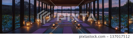 Serene Yoga Studio at Dusk Lotus Flowers, Candles, Lake View Serene Yoga Studio at Dusk Lotus Flowers, Candles, Lake View 137017512