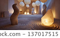 Serene Zen Room with Stone Sculptures and Paper Lanterns 137017515