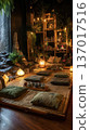 Serene Zen Tea Room Interior with Plants Lights 137017516
