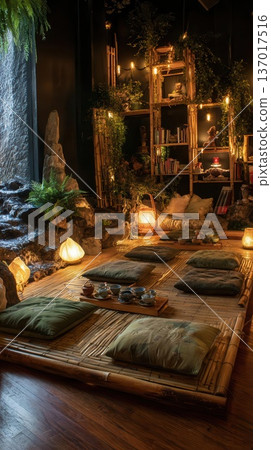 Serene Zen Tea Room Interior with Plants Lights Serene Zen Tea Room Interior with Plants Lights 137017516