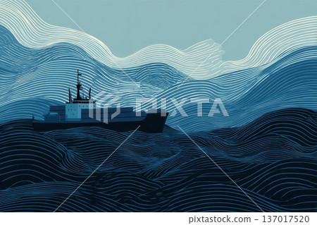 Shipping Vessel Navigating Wavy Ocean Illustration, Blue Tones Shipping Vessel Navigating Wavy Ocean Illustration, Blue Tones 137017520