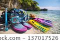 Snorkeling Gear on Beach with Clear Water and Sea 137017526