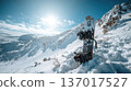 Snowboard on Snowy Mountain Peaks with Blue Sky 137017527
