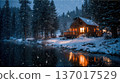 Snowy Cabin by Lake Winter Landscape, Warm Lights 137017529