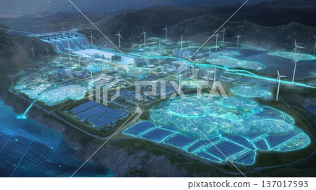 Sustainable Energy Cityscape Hydro, Wind, Solar Power Sustainable Energy Cityscape Hydro, Wind, Solar Power 137017593