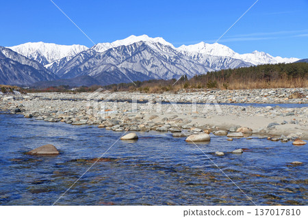 Shinano Omachi Mountain View: The Northern Alps, Ushiro-Tateyama mountain range in winter 137017810