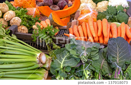 Organic vegetables pile on market Organic vegetables pile on market 137018073