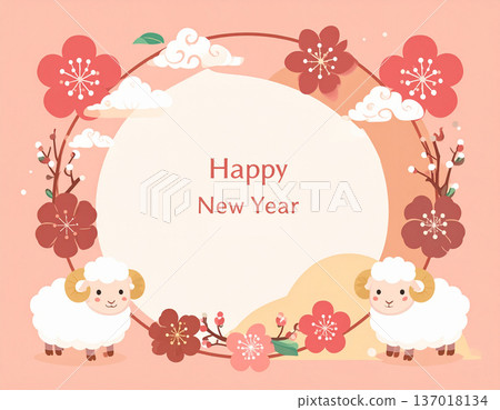 2027 New Year's card illustration: Cute sheep and Japanese motifs 137018134
