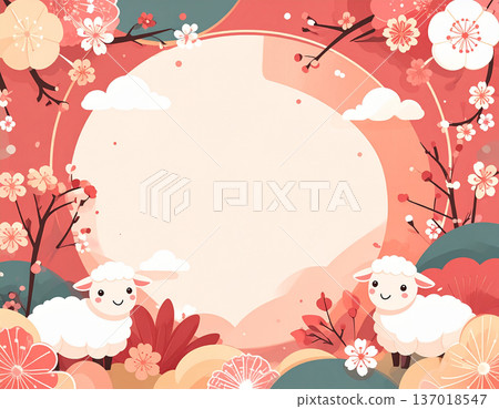 羊年插圖，向量圖，適用於新年賀卡，帶居中邊距 137018547