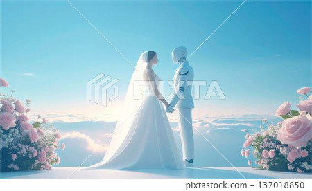 Robot bride and groom. Future wedding, AI and love concept, dreamy pink roses and blue sky wedding 137018850