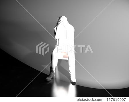 Silhouette of a worried man sitting in a chair and holding his head 3D illustration 137019007