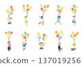 Flat illustrations of children flying on balloons (set) 137019256