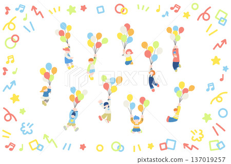一組兒童手持氣球飛行的扁平化插圖，配有簡單的圖標 137019257