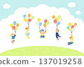 Flat illustrations (set) of children having fun outside holding onto balloons and flying 137019258