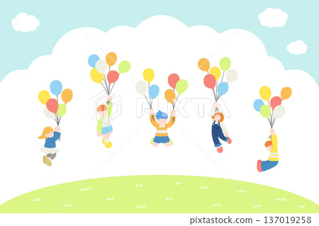 一組兒童在戶外玩耍、手持氣球、飛翔的扁平化插畫。 137019258