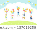 Flat illustrations (set) of children having fun outside holding balloons and flying with garlands 137019259