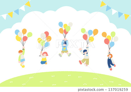 Flat illustrations (set) of children having fun outside holding balloons and flying with garlands 137019259