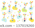 Flat illustrations (set) of children flying with balloons and simple backgrounds 137019260