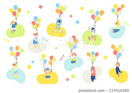 一組兒童乘坐氣球飛行的扁平化插圖，背景簡潔。 137019260