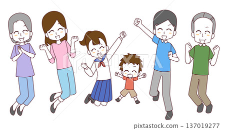 Illustration of a three-generation family jumping with a smile Illustration of a three-generation family jumping with a smile 137019277
