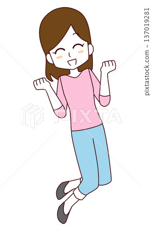 Illustration of a smiling woman jumping Illustration of a smiling woman jumping 137019281