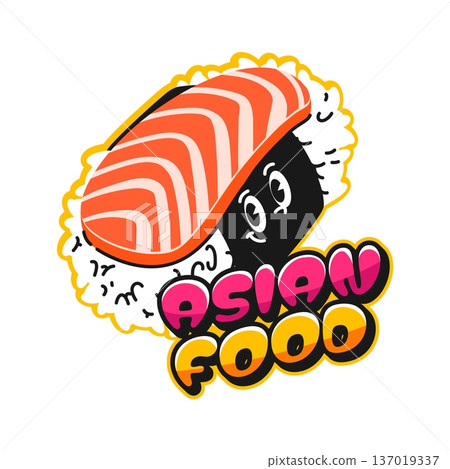 Asian food salmon sushi vintage Y2K sticker or label. Japan seafood meal retro Y2K tag, Asian menu delicacy vintage vector patch. Sushi dish sticker with sushi roll, salmon meat and funky typography 137019337