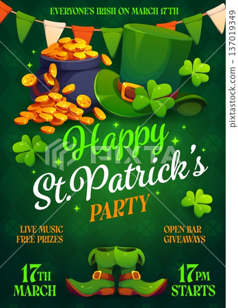 St Patrick holiday party flyer featuring gold coins, green leprechaun hat and boots, shamrocks and festive bunting. Vector invitation promotes live music, giveaways and Irish celebration on march 17th 137019349