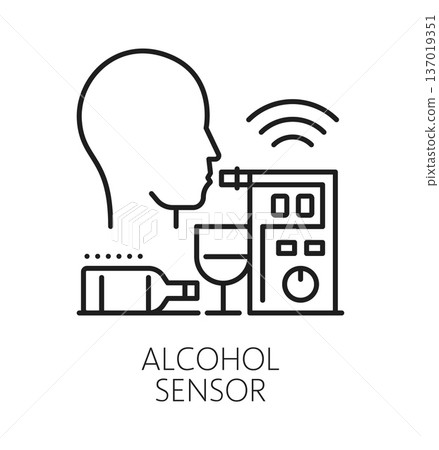Alcohol detection alarm sensor line icon. Alcohol level measuring sensor thin line pictogram, breathalyser outline vector symbol. Drunk person detection technology linear sign or icon Alcohol detection alarm sensor line icon. Alcohol level measuring sensor thin line pictogram, breathalyser outline vector symbol. Drunk person detection technology linear sign or icon 137019351